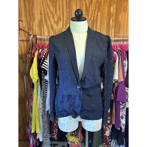 Vince Camuto Navy Blue Polka Dot Soho Pindot Blazer Button Closure Sz 2 NWOT - Picture 2 of 10